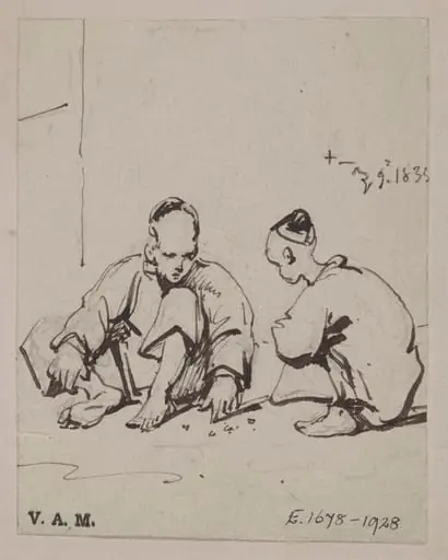 Two Chinese figures playing with pebbles on the ground, by George Chinnery