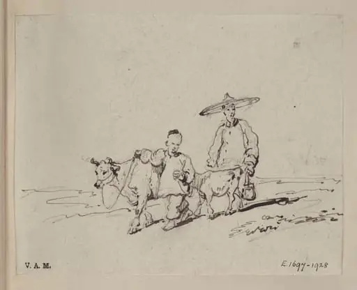 Two Chinese figures with a cow and calf, by George Chinnery