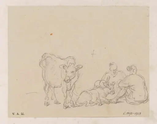 Two Chinese figures with two calves, by George Chinnery