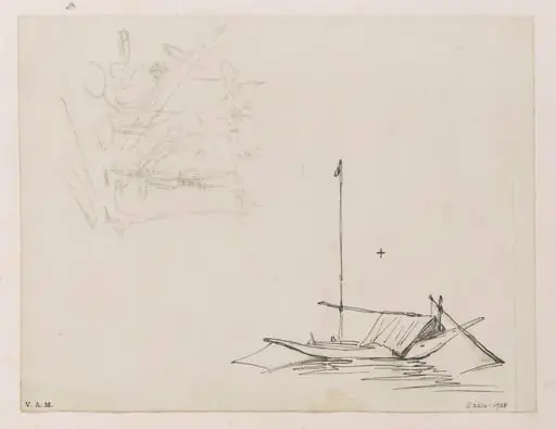 Two drawings: a small tethered boat, and a sketch of figures with utensils, by George Chinnery