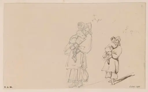 Two drawings of a boatwoman holding a child, by George Chinnery