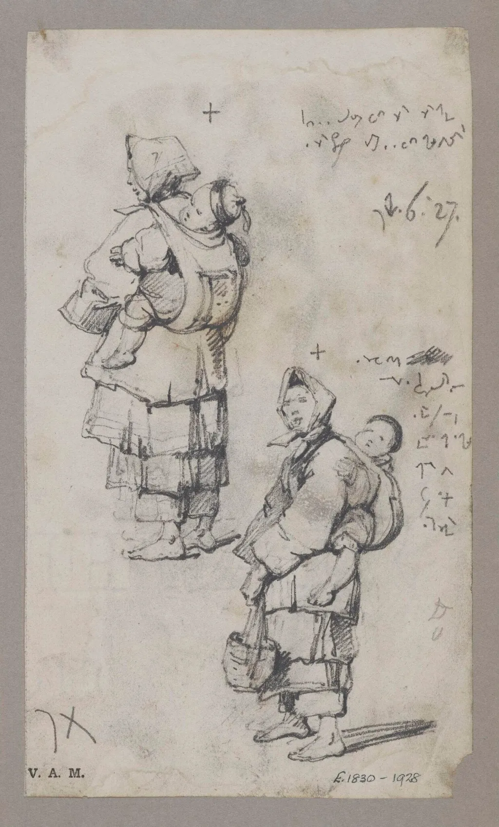 Two drawings of a boatwoman with a child on her back, by George Chinnery, 4