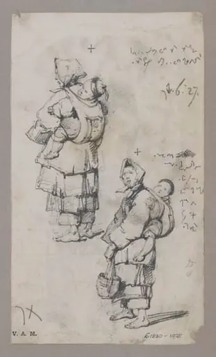 Two drawings of a boatwoman with a child on her back, by George Chinnery
