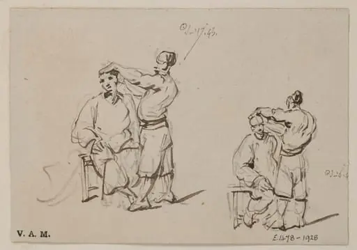 Two drawings of a Chinese barber and customer, by George Chinnery
