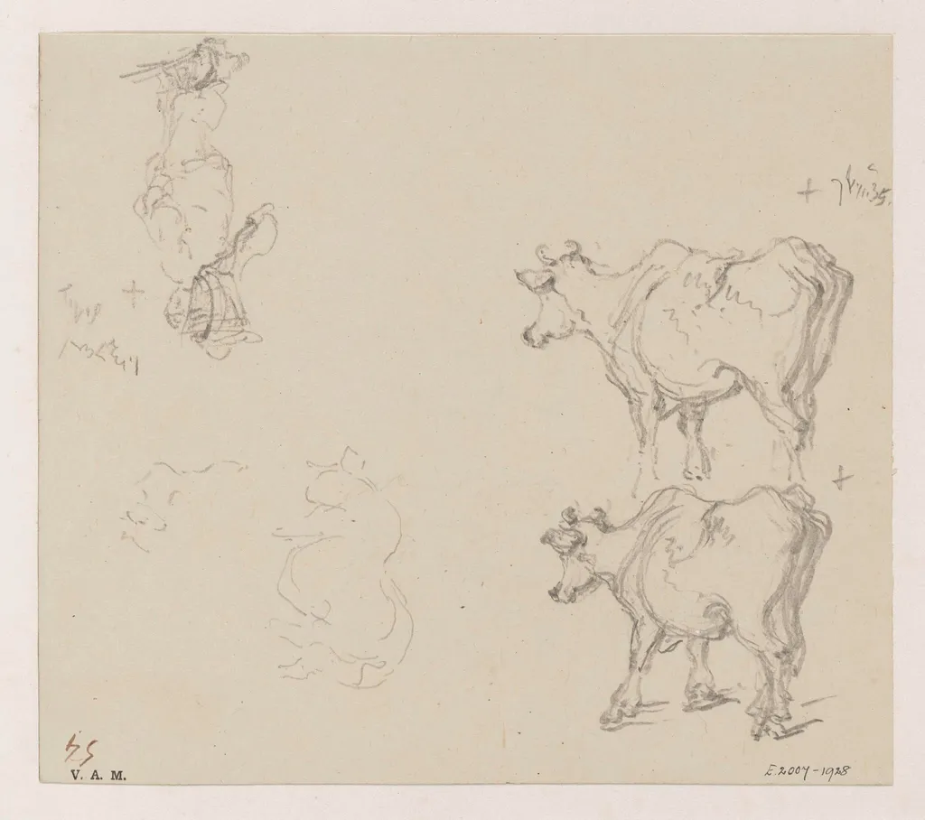 Two drawings of a cow and a drawing of a porter, by George Chinnery, 6
