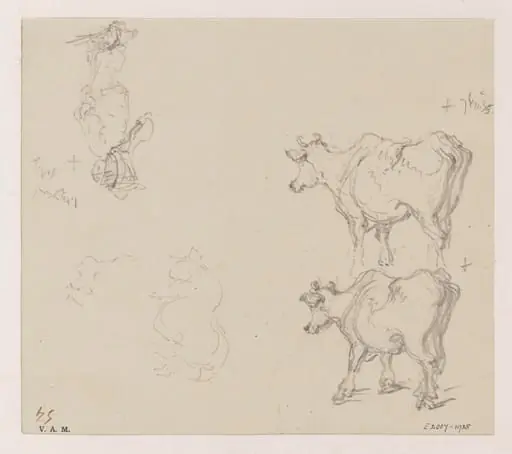 Two drawings of a cow and a drawing of a porter, by George Chinnery