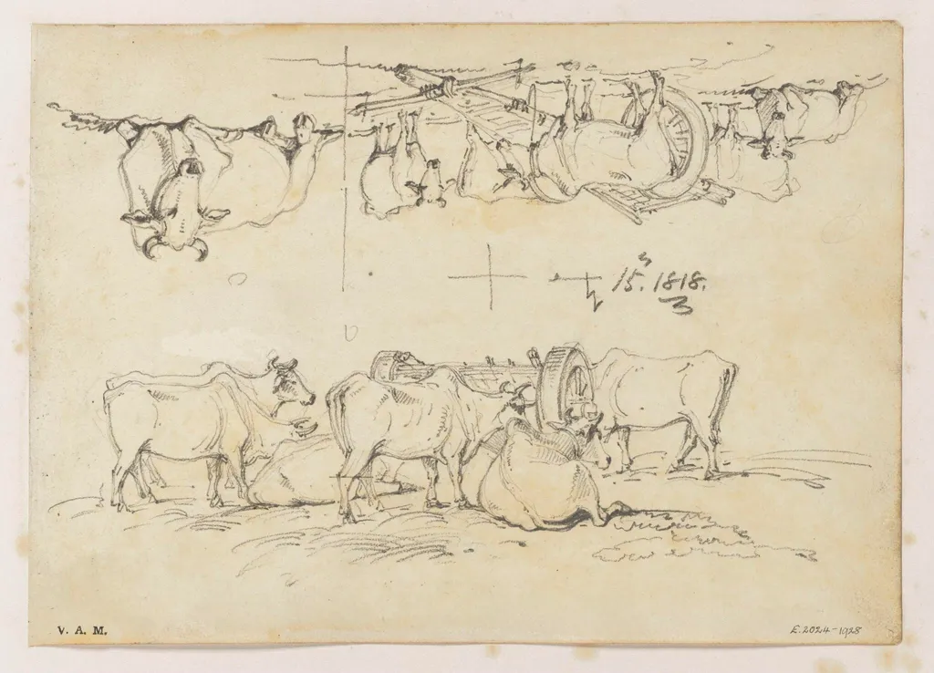 Two drawings of cattle surrounding a bullock cart, by George Chinnery, 12
