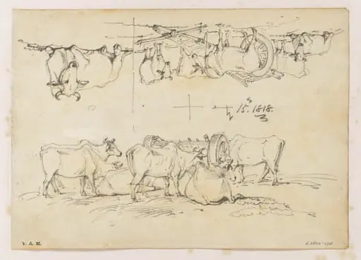 Two drawings of cattle surrounding a bullock cart, by George Chinnery