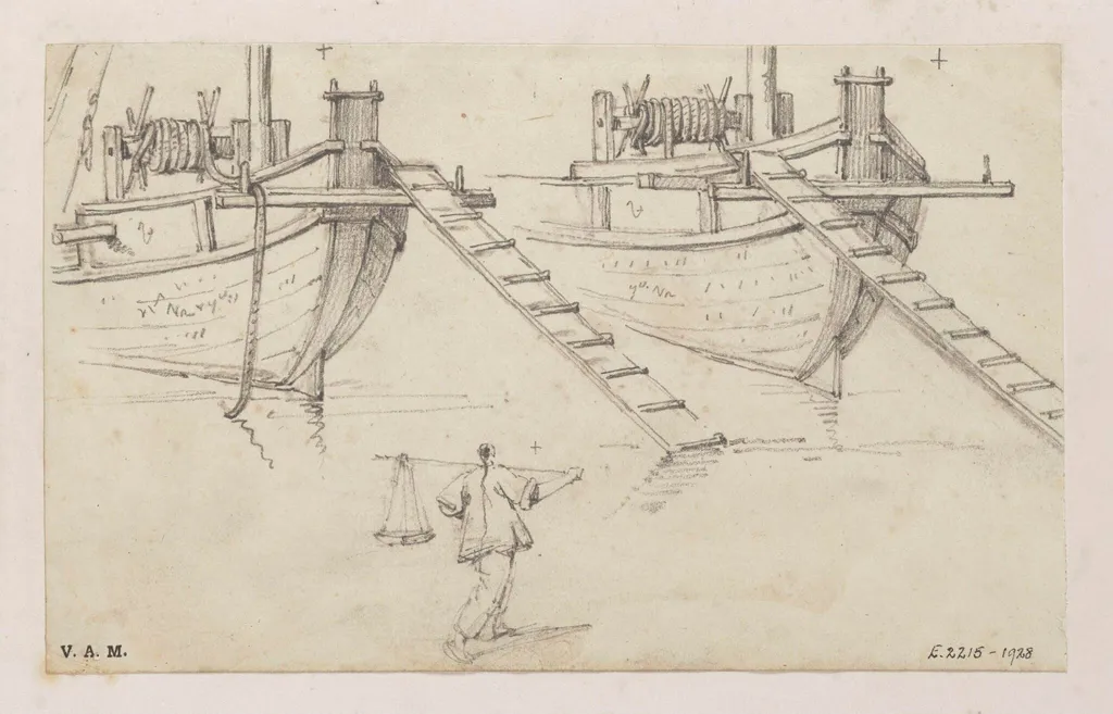 Two drawings of the prow of a Chinese boat, by George Chinnery, 19