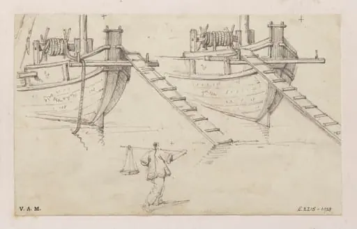 Two drawings of the prow of a Chinese boat, by George Chinnery