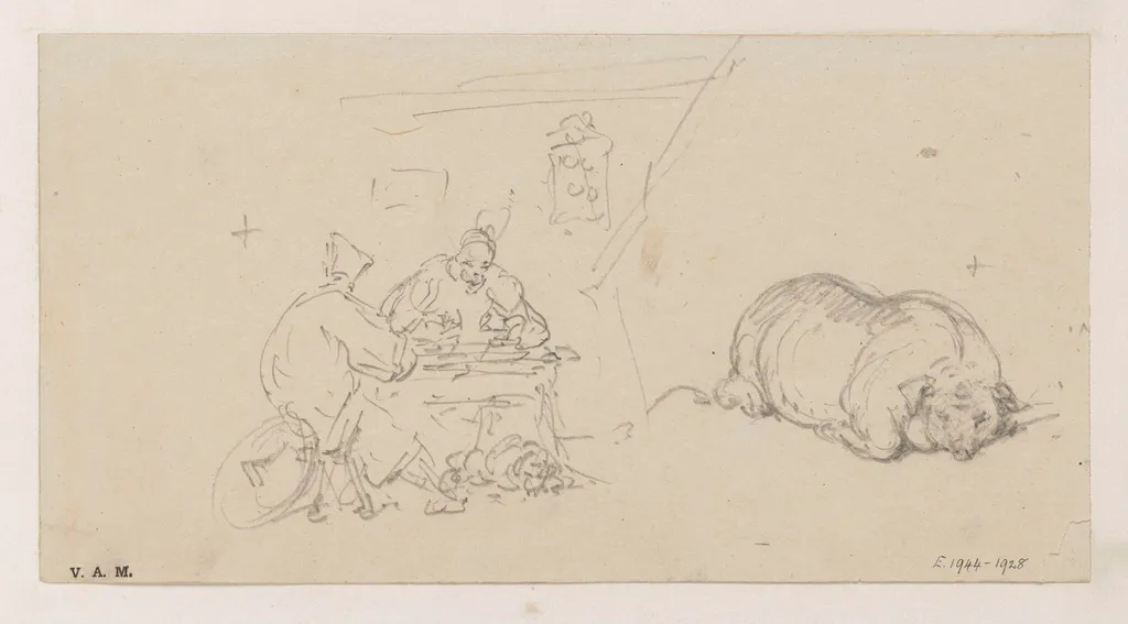 Two figures seated at a stall, and a pig, by George Chinnery, 19