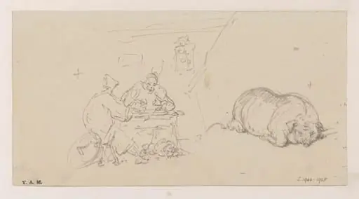 Two figures seated at a stall, and a pig, by George Chinnery