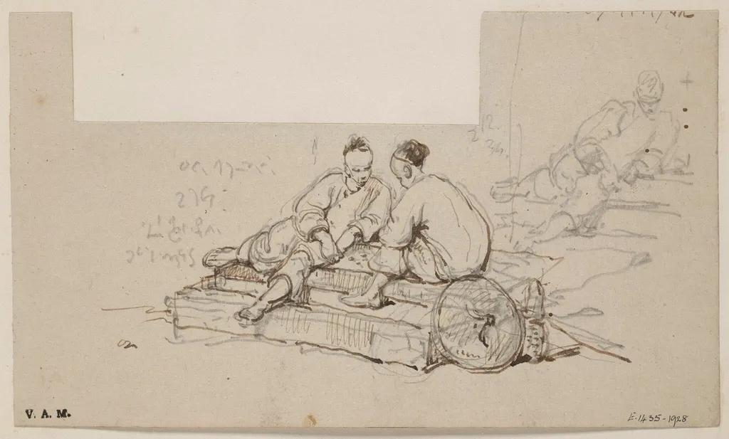 Two figures seated on a pair of steps, by George Chinnery, 1