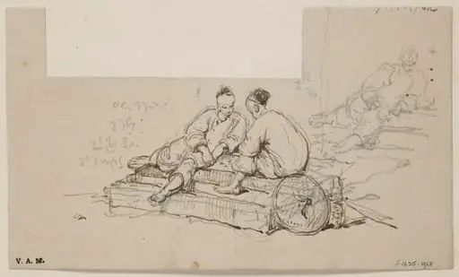 Two figures seated on a pair of steps, by George Chinnery