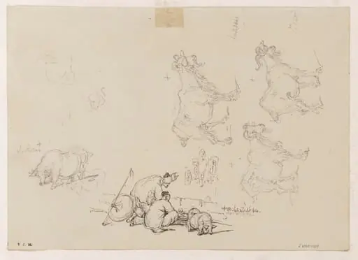 Two figures with a basket, goats and pigs, by George Chinnery