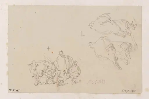 Two figures with a cow and calf; and two Macanese women, by George Chinnery