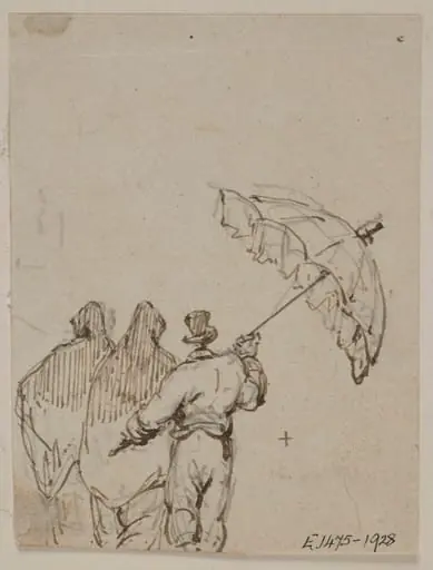 Two Macanese women with a servant holding up a parasol, by George Chinnery