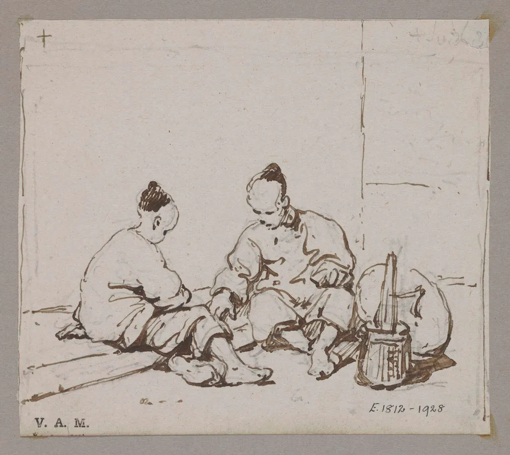 Two seated Chinese figures with a basket and hat, by George Chinnery, 19