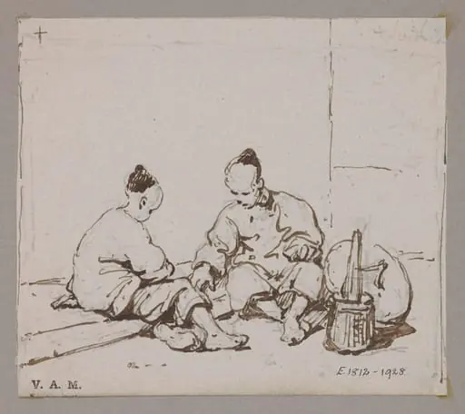 Two seated Chinese figures with a basket and hat, by George Chinnery