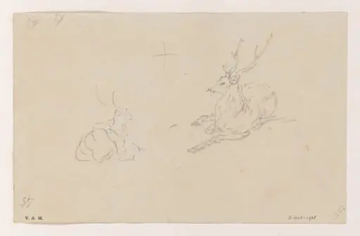 Two sketches of a stag, and (on the reverse) a harpsichord