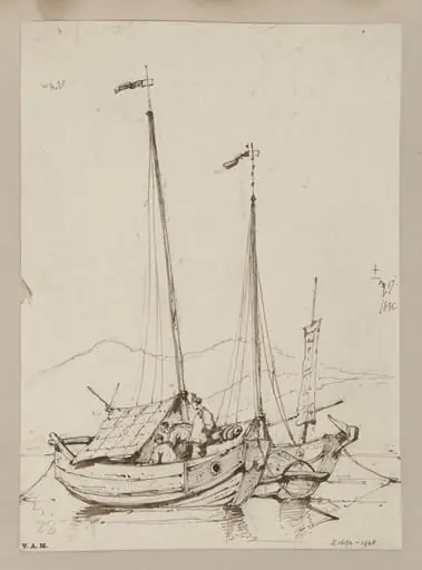 Two small junks at anchor, Macau, by George Chinnery
