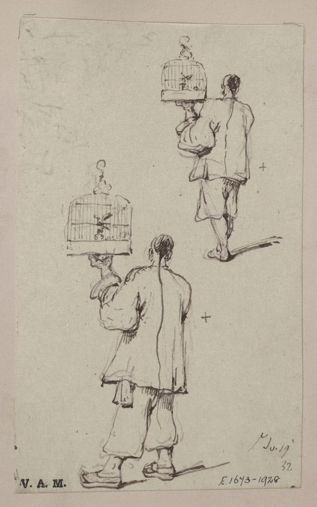 Two studies of a Chinese man holding up a birdcage, by George Chinnery, 19