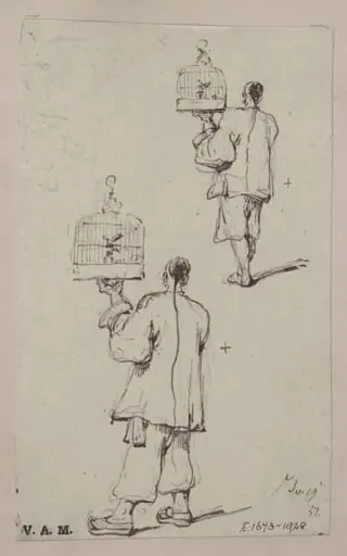 Two studies of a Chinese man holding up a birdcage, by George Chinnery