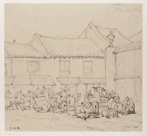 Vendors outside the Church of San Domingos, Macau, by George Chinnery
