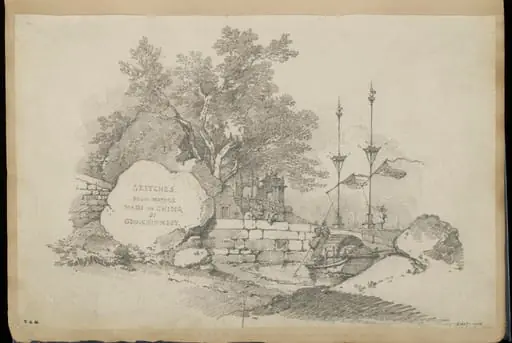 Vignette of the A-Ma Temple, Macau, for a titlepage inscribed 'Sketches from Nature made in China by Geo. Chinnery', by George Chinnery