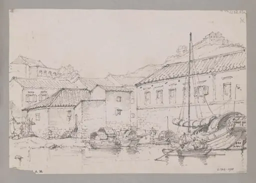Waterside houses below Penha Hill, Macau, by George Chinnery