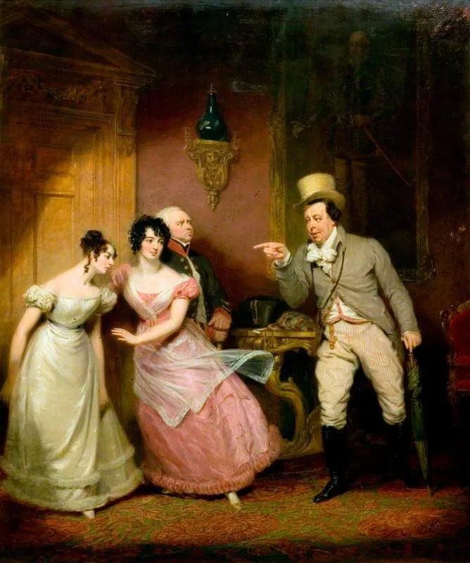 Scene from John Poole's Comedy 'Paul Pry', with Portraits of Madame Vestris, Miss P. Glover, Mr Williams, and Mr Liston, by George Clint, oil, 1827