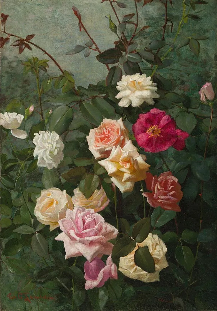 White, Pink, Yellow and Red Roses, by George Cochran Lambdin, oil, 1889