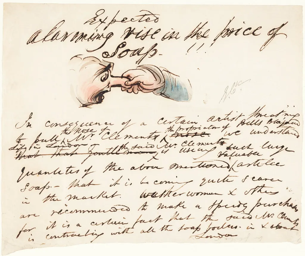 "Expected--alarming rise in the price of soap!", by George Cruikshank, ink, 1835