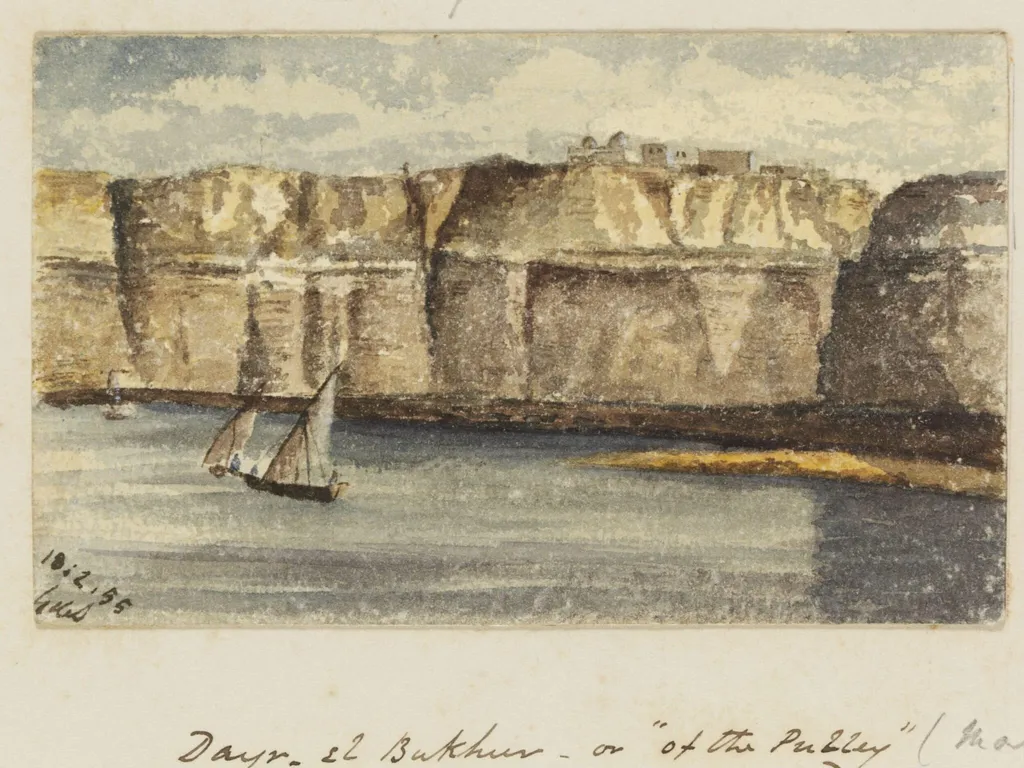 Dayr- El Bukhur - or "of the Pulley" Coptic Convent on Gebel-e-Tayr. Upper Egypt, by George de Sausmarez, watercolor, 1855