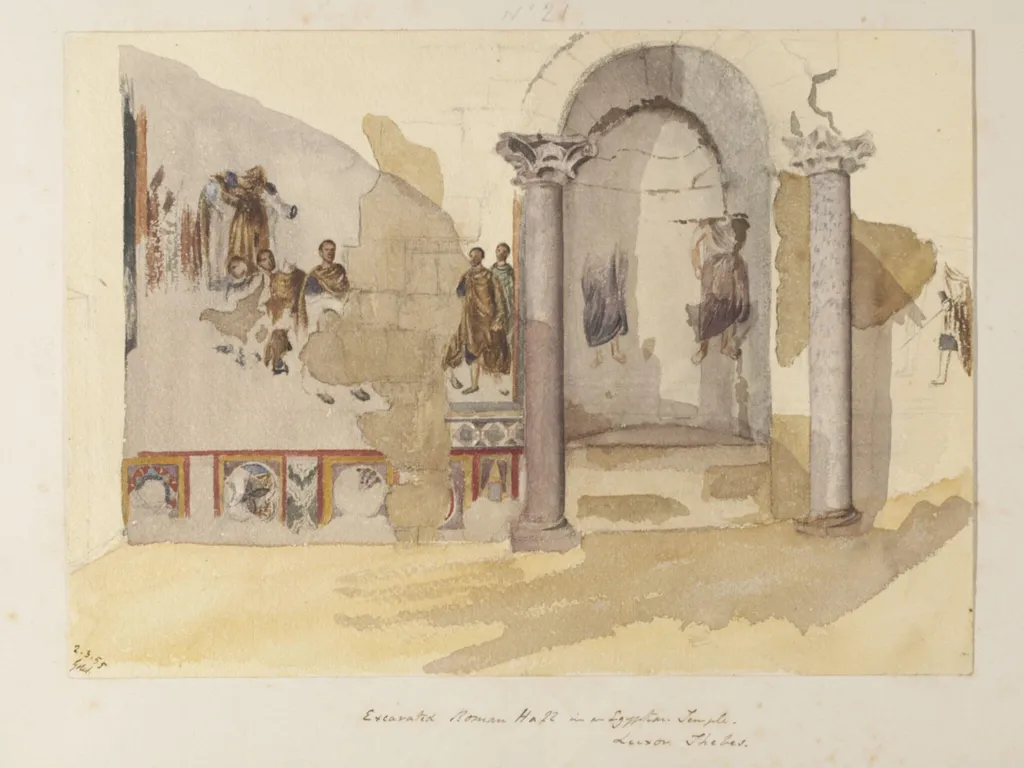 `Excavated Roman Hall in an Egyptian Temple - Luxor. Thebes', by George de Sausmarez, watercolor, 1855
