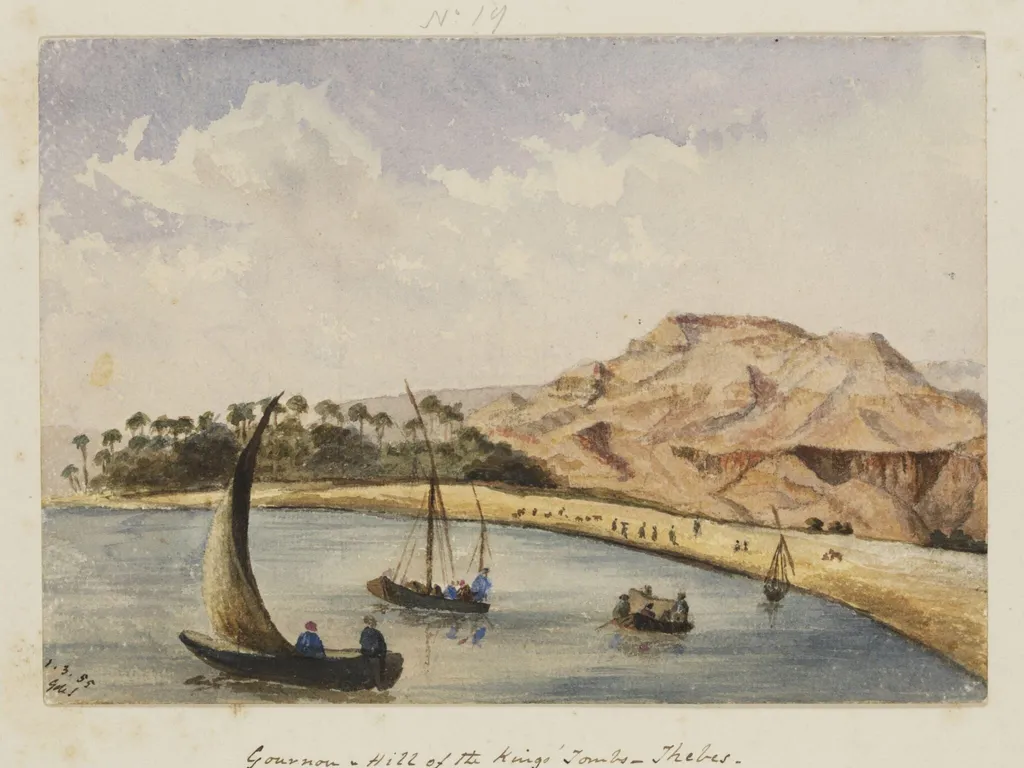 `Gournou & Hill of the Kings' Tombs - Thebes', by George de Sausmarez, watercolor, 1855