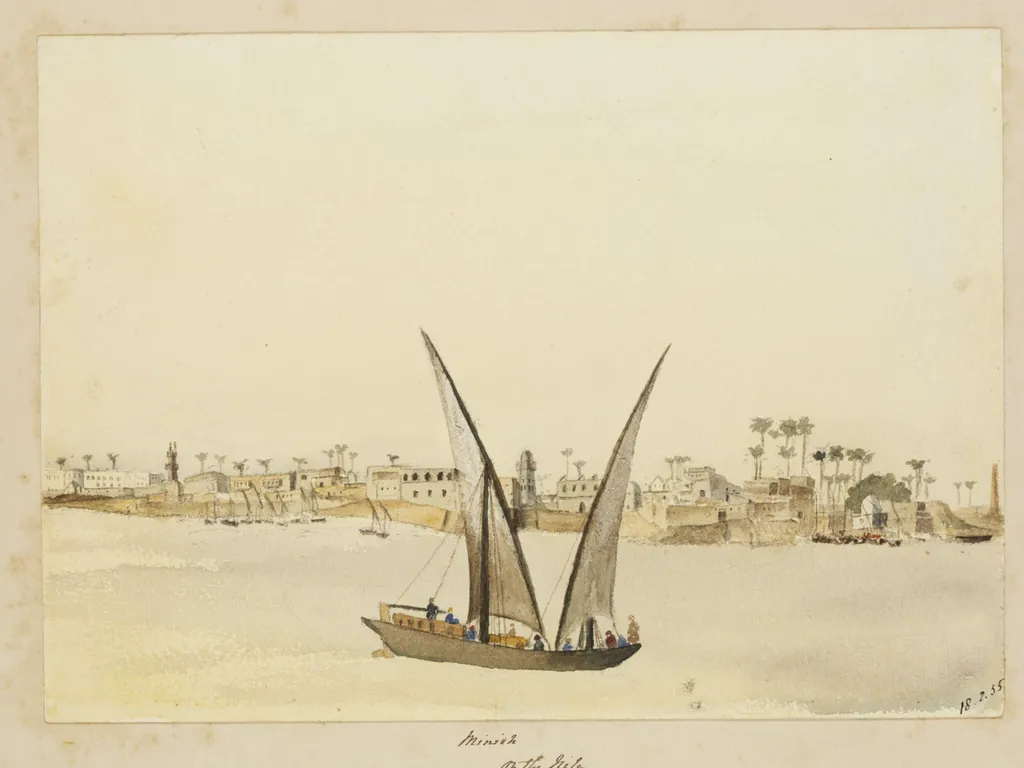 `Minieh On the Nile', by George de Sausmarez, watercolor, 1855