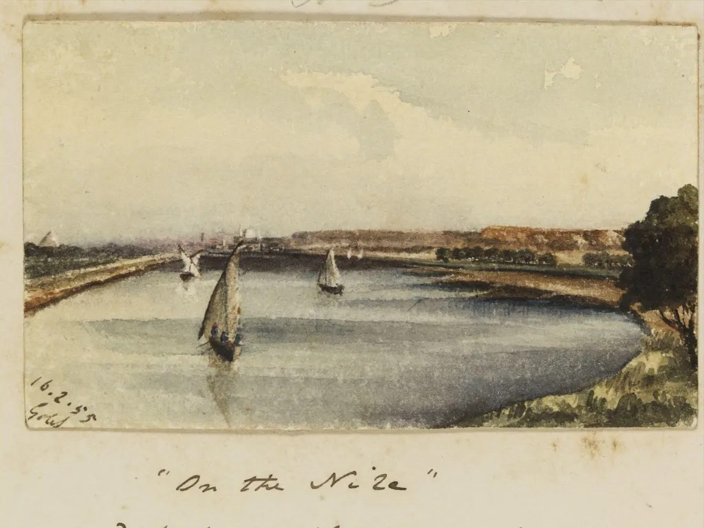 "On the Nile" Distant view of Cairo & Grand Mosque', by George de Sausmarez, watercolor, 1855