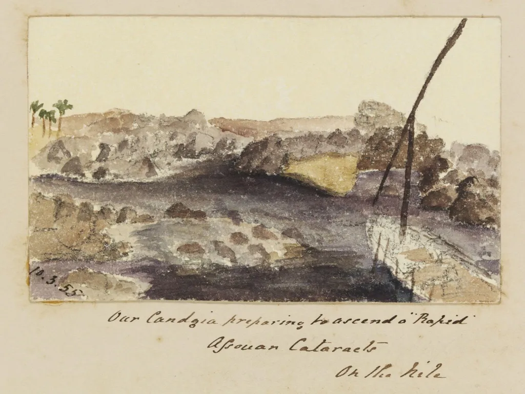 `Our Candgia preparing to ascend a "Rapid' Assouan Cataracts On the Nile', by George de Sausmarez, watercolor, 1855