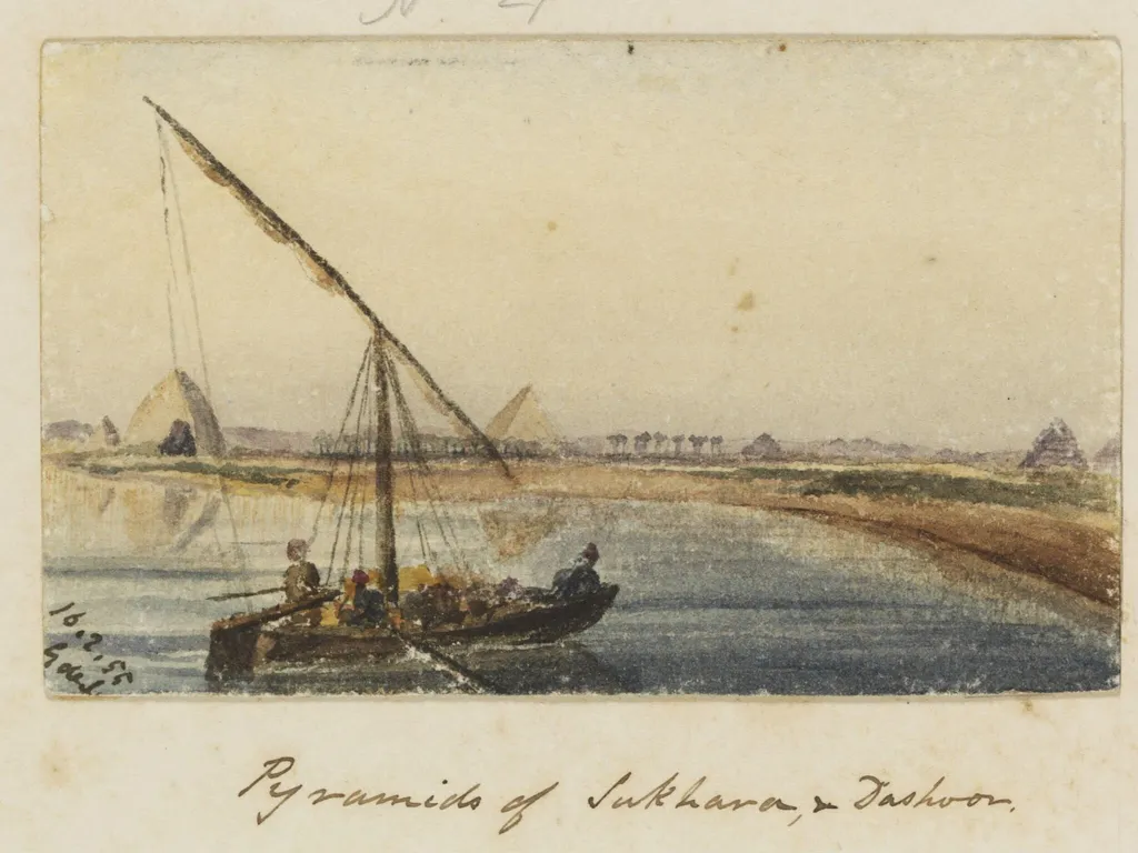 `Pyramids of Sakhara, & Dashoor. Upper Egypt', by George de Sausmarez, watercolor, 1855