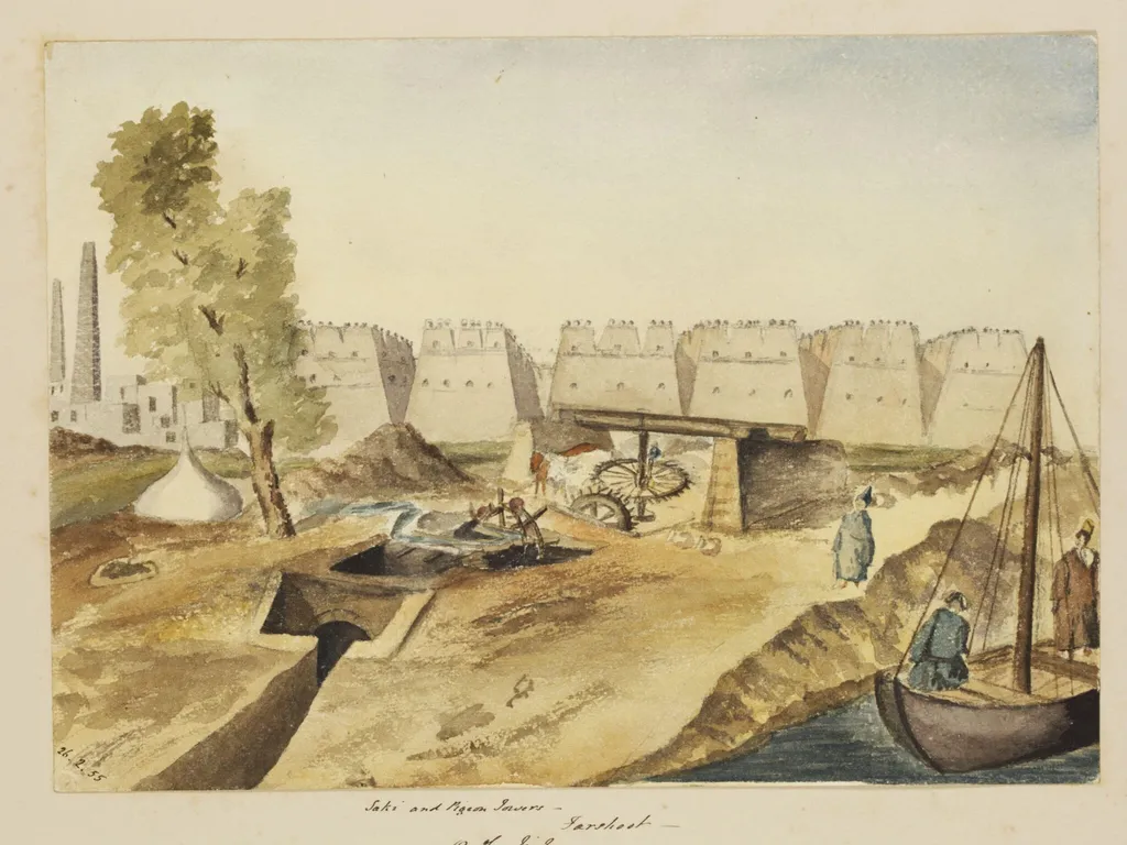 `Saki and Pigeon Towers - Farshoot - On the Nile', by George de Sausmarez, watercolor, 1855
