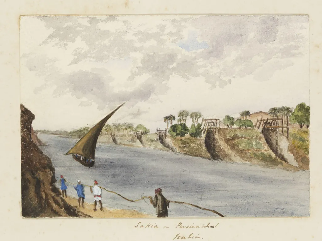 `Sakia or Persian wheel Nubia', by George de Sausmarez, watercolor, 1855