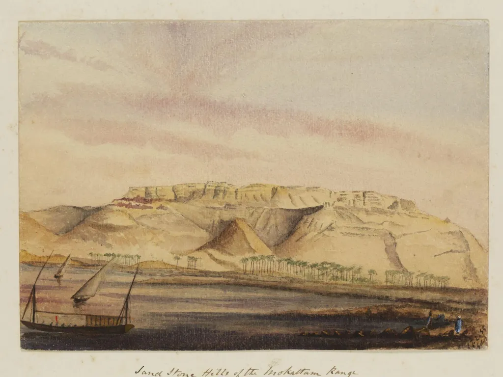 `Sand Stone Hills of the Mokattam Range "Sunset" between Beni-souef & Golosena', by George de Sausmarez, watercolor, 1855