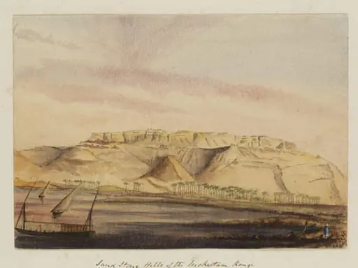 `Sand Stone Hills of the Mokattam Range  "Sunset"  between Beni-souef & Golosena', by George de Sausmarez