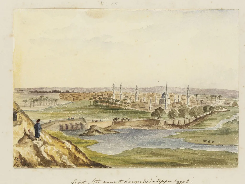 `Sioot - (the ancient Lycopolis.) - "Upper Egypt." from the Stabl-Antar Hill', by George de Sausmarez, watercolor, 1855