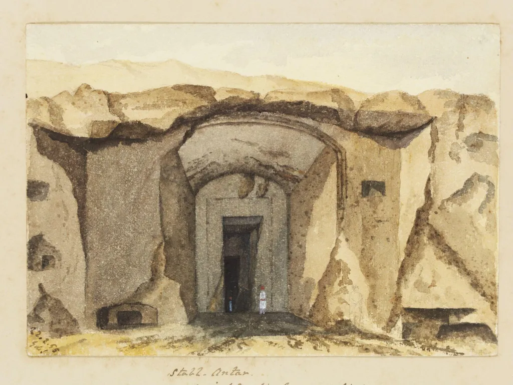 `Stabl-Antar. Ancient Egyptian Cave near Siout. Upper Egypt', by George de Sausmarez, watercolor, 1855