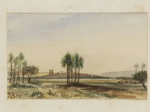 `Temple of Denderah.  Distant view from bank of River.  Upper Egypt', by George de Sausmarez