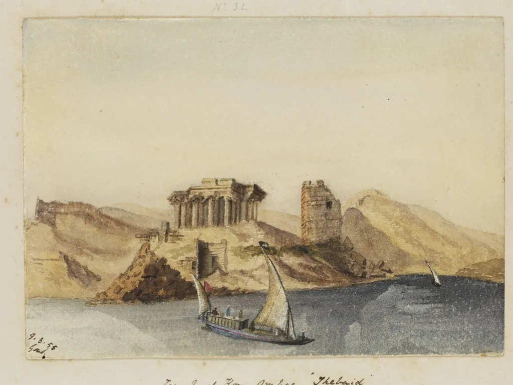 `Temple of Kom-Ombos. "Thebaid" from Stern of Boat "5. knots an hour" "On the Nile", by George de Sausmarez, watercolor, 1855