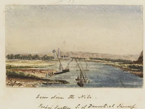 `View down the Nile. Pasha's Factory S.of Daroot-el Shereef. Upper Egypt', by George de Sausmarez