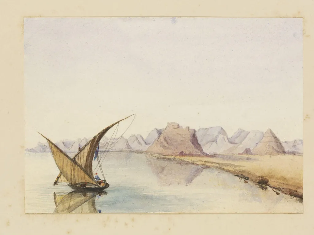 View of the Nile with boat, by George de Sausmarez, watercolor, 1855